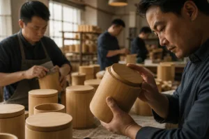 A detailed manufacturing scene showing quality inspection of bamboo tea canister fit, sanding, and grain consistency.