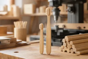 A realistic workshop scene comparing child and adult bamboo toothbrush sizes and finishes for family-use product planning.