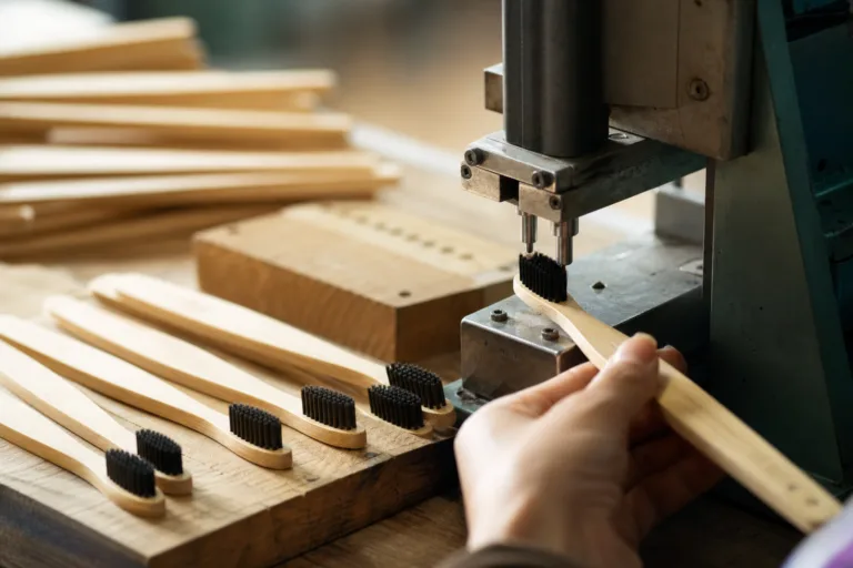 A realistic workshop scene showing bamboo toothbrush production details for private label buyers.