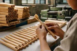 A close, realistic view of bamboo toothbrush handle inspection and finish quality in a manufacturing setting.